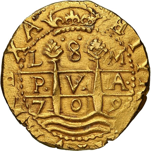 PERU, Lima, gold cob 8 escudos, 1709 M, legend ending in HISPANIA, rare, NGC MS 62 (1715 Fleet Shipw