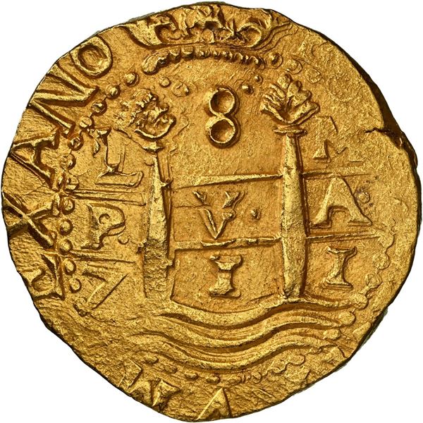 PERU, Lima, gold cob 8 escudos, 1711 M, NGC MS 63 (1715 Fleet Shipwreck Label), ex-Katz (cover coin)