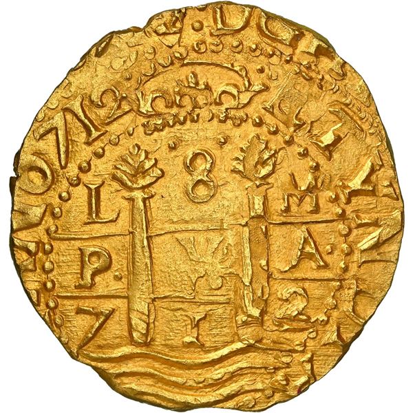 PERU, Lima, gold cob 8 escudos, 1712 M, flipover double-strike, NGC MS 64 (1715 Fleet Shipwreck Labe