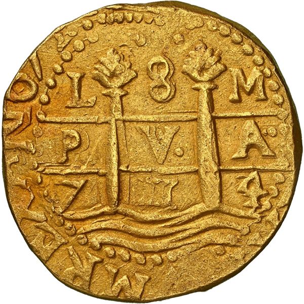 PERU, Lima, gold cob 8 escudos, 1714/3 M, rare, NGC MS 62 (1715 Fleet Shipwreck Label), finest known