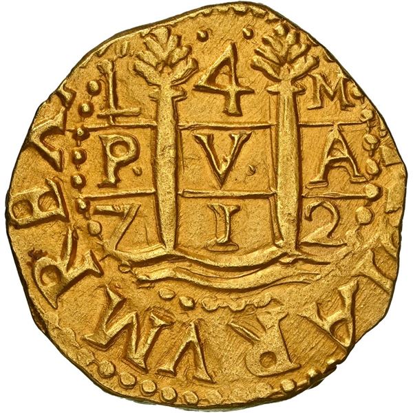 PERU, Lima, gold cob 4 escudos, 1712 M, rare, NGC MS 63 (1715 Fleet Shipwreck Label), "top pop," ex-
