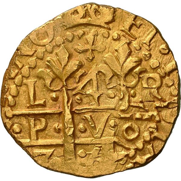 PERU, Lima, gold cob 4 escudos, 1750 R, mule with 8E cross side, NGC MS 62 (Shipwreck Blue Label), e