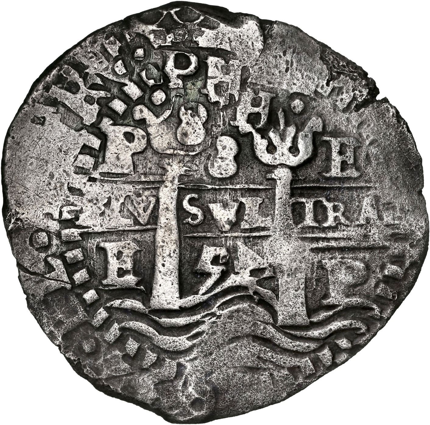 1654 BOLIVIA, Potosí, cob 8 reales, 1654 E, retrograde 4 in date above waves ...