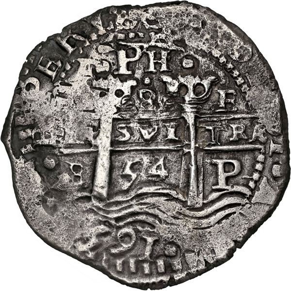 1654 BOLIVIA, Potosí, cob 8 reales, 1654 E, •PH• at top, •8• above cr ...
