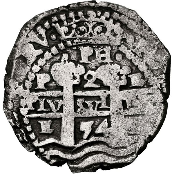 BOLIVIA, Potosí, cob 2 reales, 1654 E, •PH• at top, NGC VF details / saltwater dam