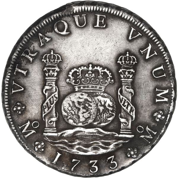 MEXICO, Mexico City, pillar 8 reales, Philip V, 1733 MF, small crown, three mouldings at tops of pil