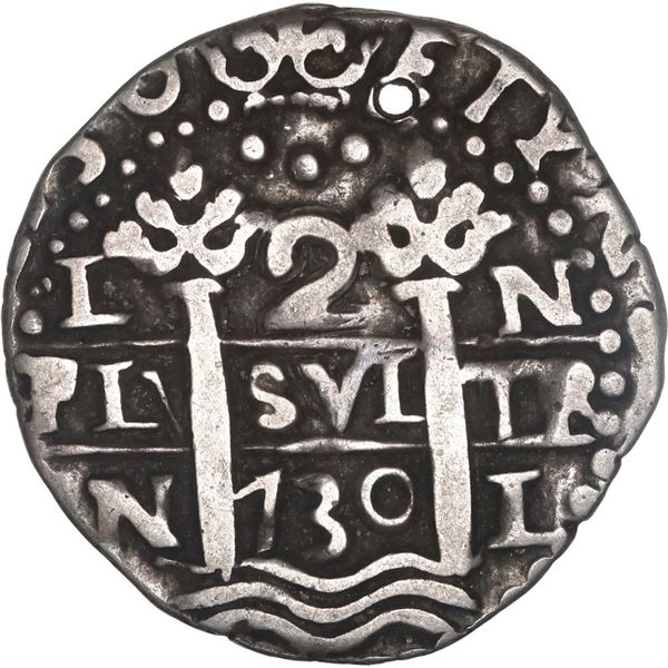 PERU, Lima, cob 2 reales Royal (galano), 1730 N, extremely rare, ex-Santa Rosa de Lima.