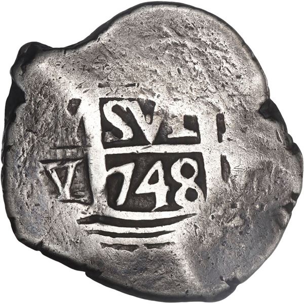 PERU, Lima, cob 2 reales, 1748 V, rare.