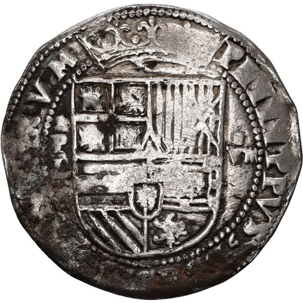BOLIVIA, Potosí, cob 8 reales, Philip II, assayer L (1st period), "Seville" lions, D,G, in legend.