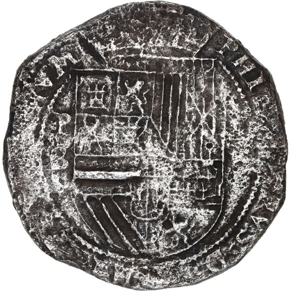 BOLIVIA, Potosí, cob 8 reales, Philip II, assayer B (1st period), "heavy" lions in cross, rare.