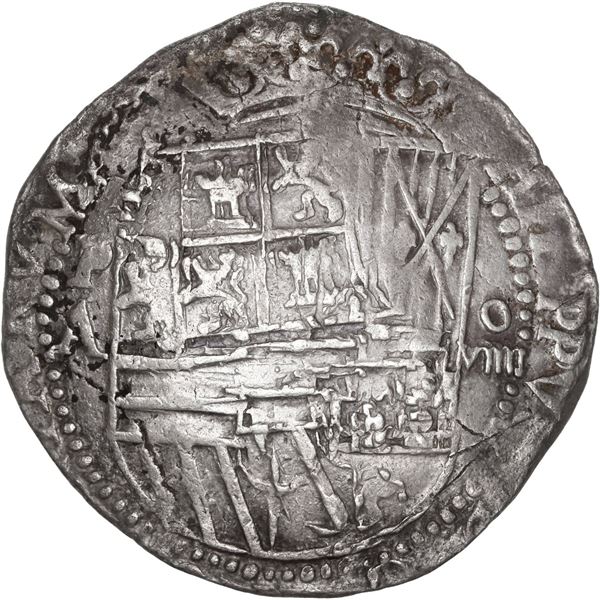 BOLIVIA, Potosí, cob 8 reales, Philip II, assayer A, variety with denomination as "oVIIII," rare.