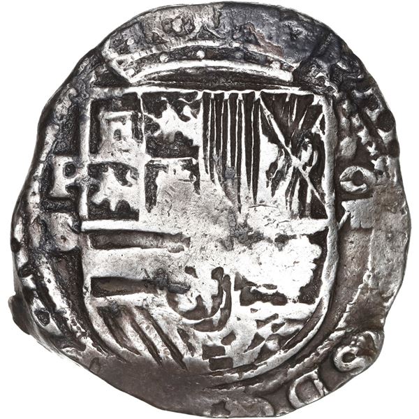 BOLIVIA, Potosí, cob 8 reales, Philip II, assayer B (5th period, border of x's on obverse, early sty