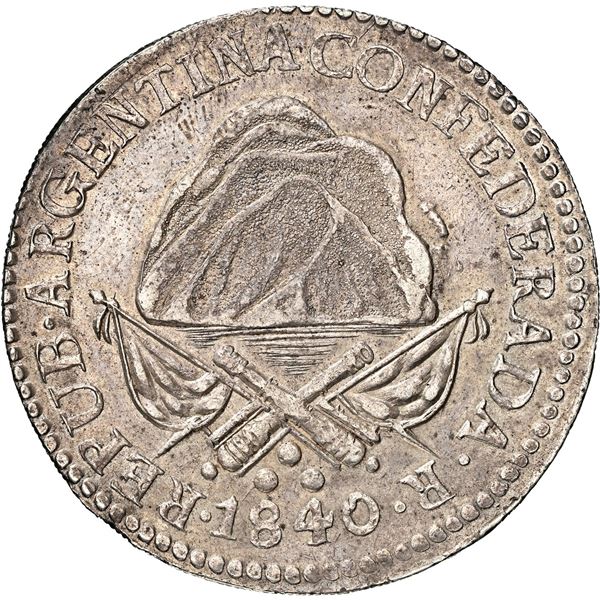 ARGENTINA (La Rioja), 8 reales, 1840-R, Federal type, NGC AU 53, finest known in NGC census.