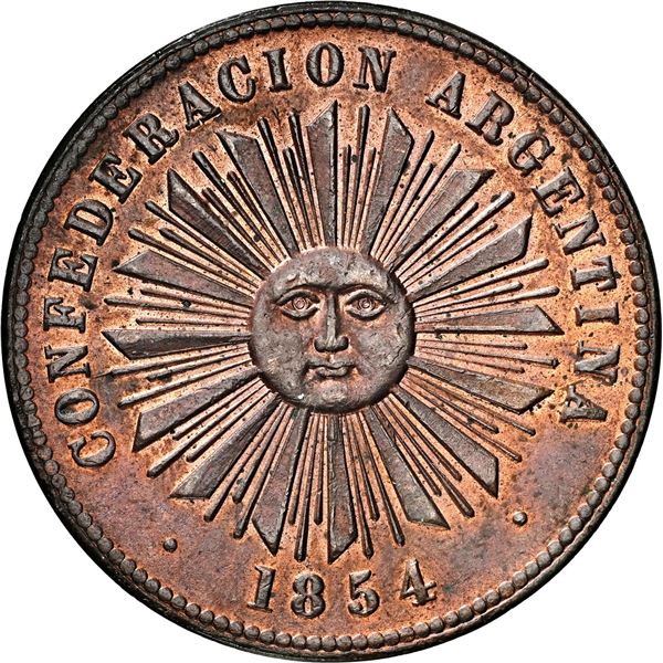 ARGENTINA (Confederation), struck in Birmingham, England, copper 4 centavos, 1854, NGC MS 62 BN.