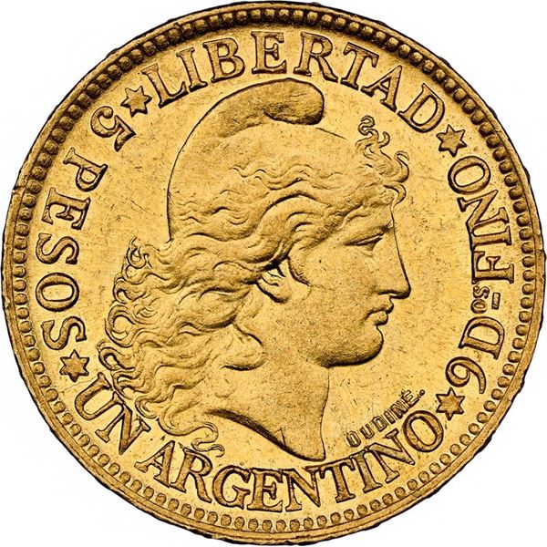 ARGENTINA, gold 5 pesos, 1881, final 1/1, NGC MS 62.