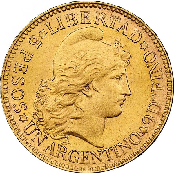 ARGENTINA, gold 5 pesos, 1889, NGC MS 64.