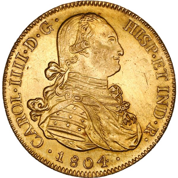 BOLIVIA, Potosí, gold bust 8 escudos, Charles IV, 1804 PJ.
