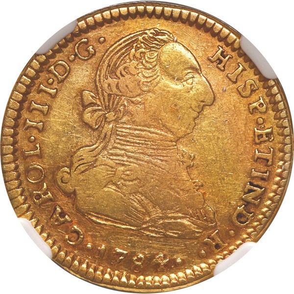 BOLIVIA, Potosí, gold bust 2 escudos, Charles III, 1784 PR, rare, NGC AU 50, finest known in NGC cen