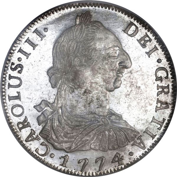 BOLIVIA, Potosí, bust 8 reales, Charles III, 1774 JR, PCGS MS63.