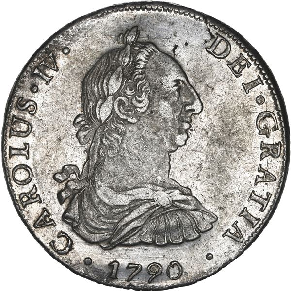 BOLIVIA, Potosí, bust 8 reales, Charles IV transitional (bust of Charles III, ordinal IV), 1790 PR.