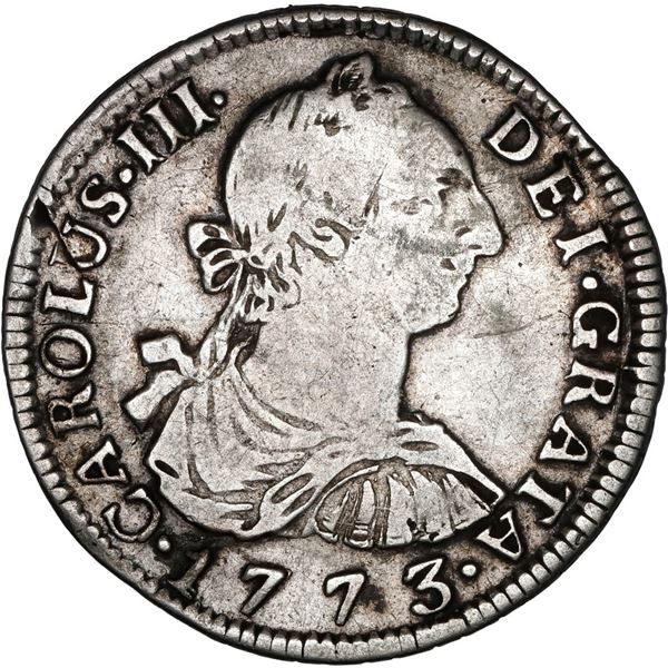 BOLIVIA, Potosí, bust 2 reales, Charles III, 1773 JR, GRATA error, rare.