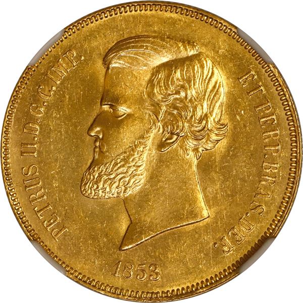 BRAZIL, Rio, gold 20000 reis, 1853, NGC MS 65, finest known in NGC census, with WINGS gold sticker,