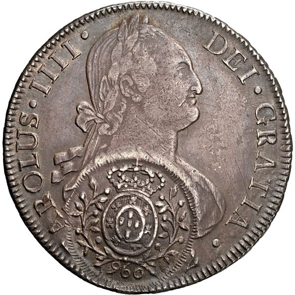 CHILE, Santiago, bust 8 reales, Charles IV, 1792 JJ, with Brazil, Minas Gerais (1808) counterstamp,