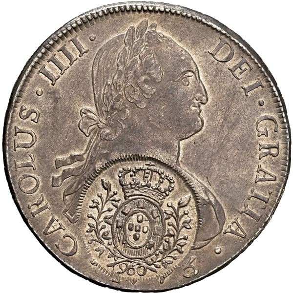 CHILE, Santiago, bust 8 reales, Charles IV, 1795 DA, with Brazil, Minas Gerais (1808) counterstamp,