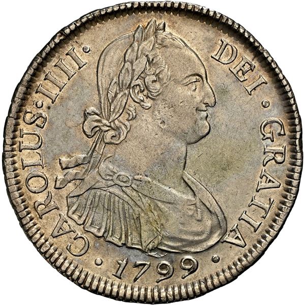 CHILE, Santiago, bust 4 reales, Charles IV, 1799 DA, NGC AU 55 (Colección Val y Mexía Label).