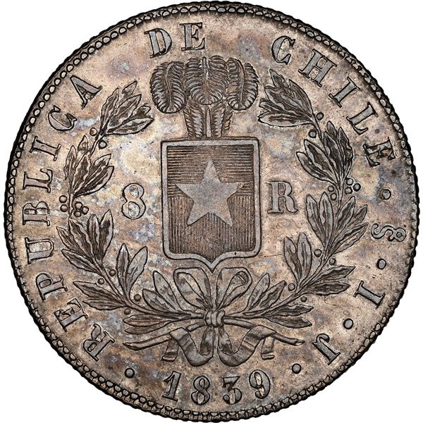 CHILE, Santiago, 8 reales, 1839 IJ, NGC AU 58 (Colección Val y Mexía Label).