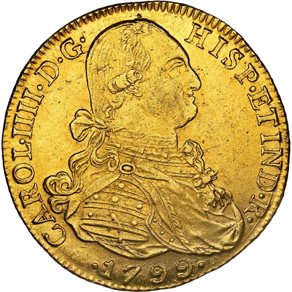 COLOMBIA, Bogotá, gold bust 8 escudos, Charles IV, 1799 JJ, NGC MS 63, "top pop."