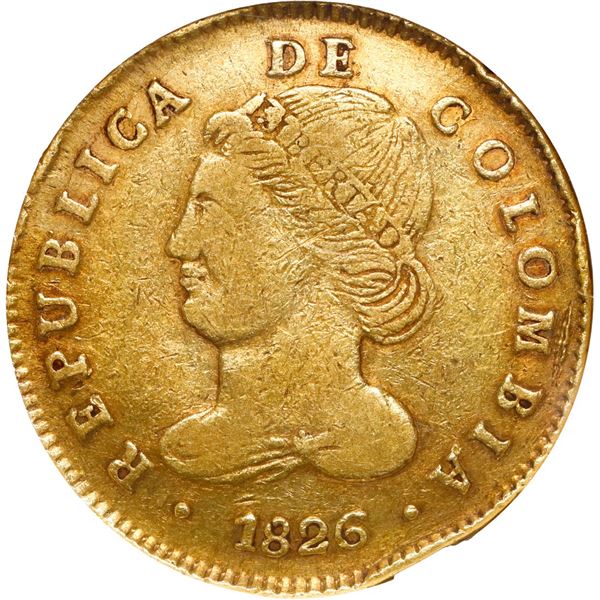 COLOMBIA, Bogotá, gold 4 escudos, 1826 JF, rare, NGC VF 25.