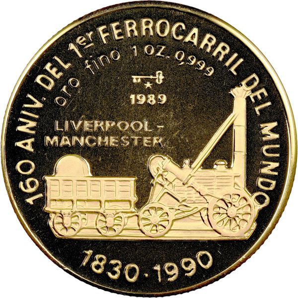 CUBA, Havana mint, gold proof piefort 100 pesos, 1989, First Train in England, very rare, NGC PF 69