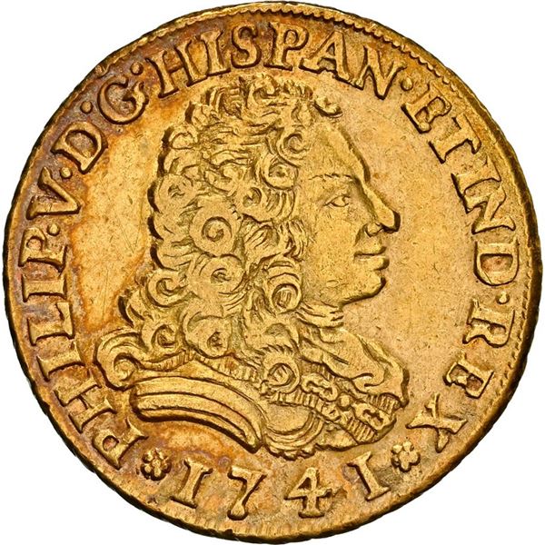 MEXICO, Mexico City, gold bust 2 escudos, Philip V, 1741 MF, NGC AU details / cleaned.