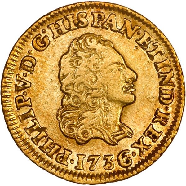 MEXICO, Mexico City, gold bust 1 escudo, Philip V, 1736 MF.