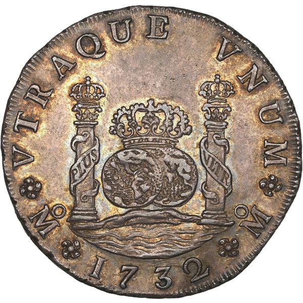MEXICO, Mexico City, pillar 8 reales, Philip V, 1732 F, three mouldings atop right pillar, very rare