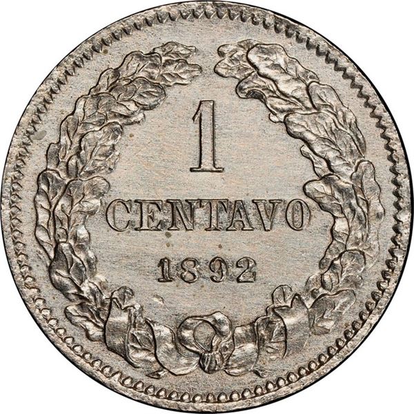 NICARAGUA, copper-nickel pattern 1 centavo, 1892, PCGS SP62, finest and only example in PCGS census.