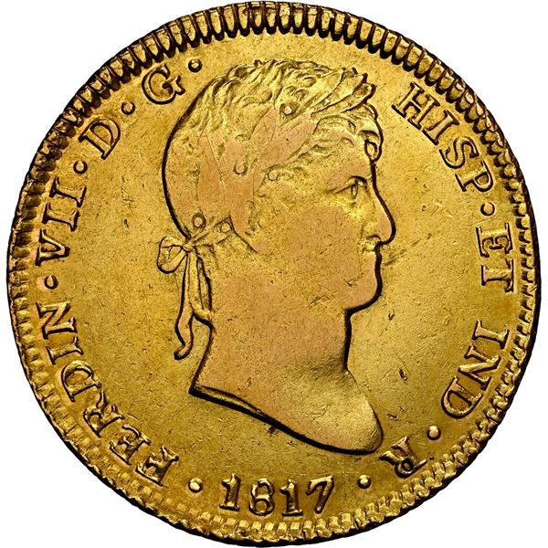 PERU, Lima, gold bust 4 escudos, Ferdinand VII, 1817 JP, NGC AU details / cleaned, ex-Almenara.