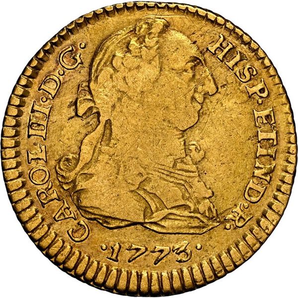 PERU, Lima, gold bust 1 escudo, Charles III, 1773 JM, NGC XF details / scratches, ex-Almenara.