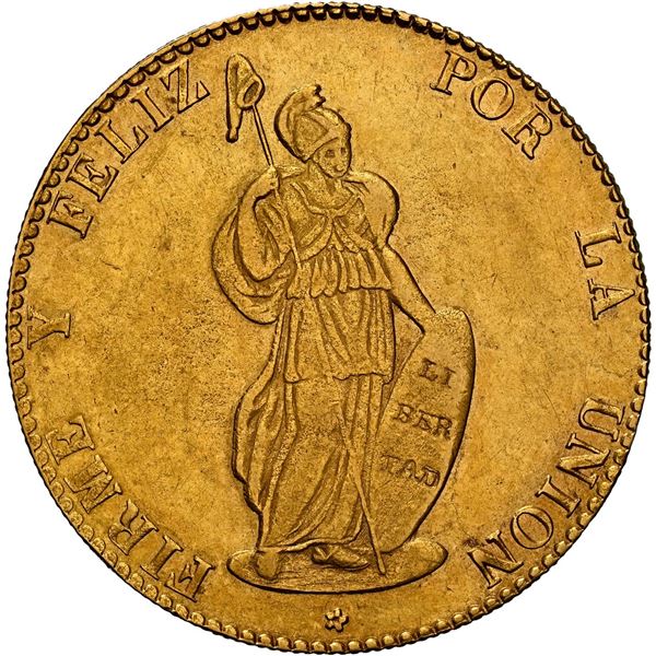 PERU, Lima, gold 8 escudos, 1855 MB, REPUB, no dot after UNION, NGC AU 55, ex-Almenara.