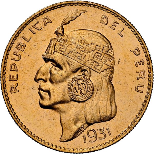 PERU, Lima, gold 50 soles "Inca," 1931, NGC MS 64, ex-Almenara.