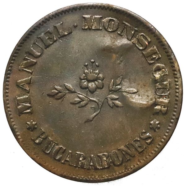 PUERTO RICO (under Spain), Bucarabones, Manuel Monsegur, brass 20 almudes hacienda token, no date (c