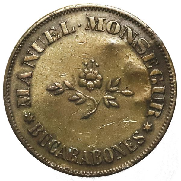PUERTO RICO (under Spain), Bucarabones, Manuel Monsegur, brass 10 almudes hacienda token, no date (c