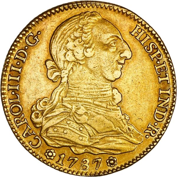 SPAIN, Seville, gold bust 4 escudos, Charles III, 1787/6 CM/CF.