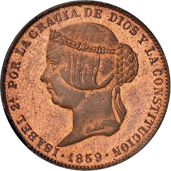 SPAIN, Madrid, copper pattern 25 céntimos de real, Isabel II, 1859, bust left, rare, NGC MS 64 RB, "