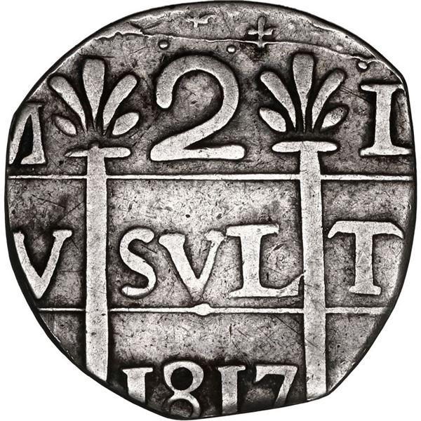 VENEZUELA, Caracas, "imitation cob" 2 reales, "1817" date (early 1800s), round flan (clipped).