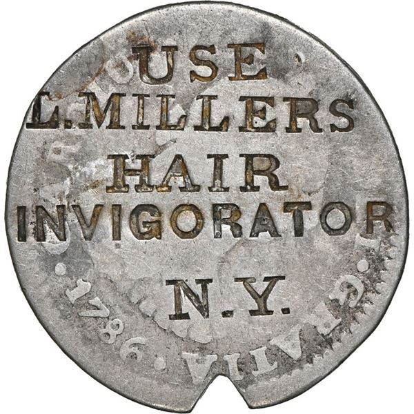 UNITED STATES, New York City, 12½-cent token, Miller's Hair Invigorator (ca. 1848-51) countermark on