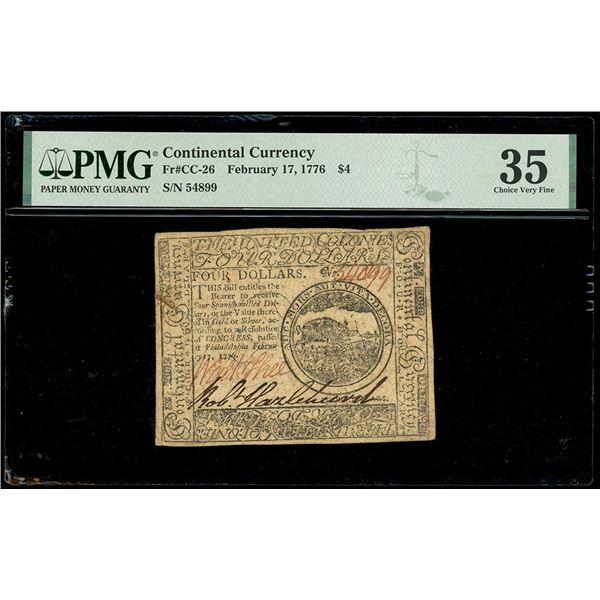 UNITED STATES, Philadelphia, Continental Congress, $4, February 17, 1776, serial 54899, PMG Choice V