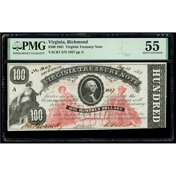 UNITED STATES, Virginia, Richmond, Virginia Treasury Note, $100, Aug. 13, 1861, serial 1027, pp A, e