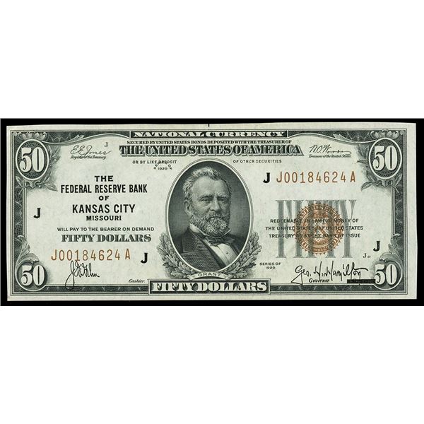 UNITED STATES, FRB of Kansas City, $50, series of 1929, serial J00184624A, Jones-Woods.